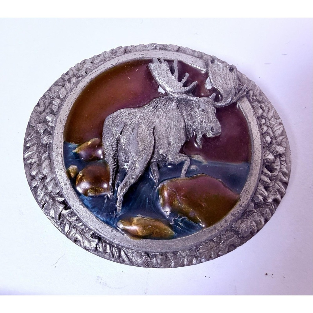 1985 Bergamot Brass‎ Works Moose Pewter Enamel Belt Buckle USA MADE